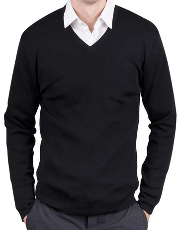 Mens Black Merino V Neck Pullover