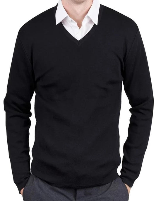 Mens Black Merino V Neck Pullover