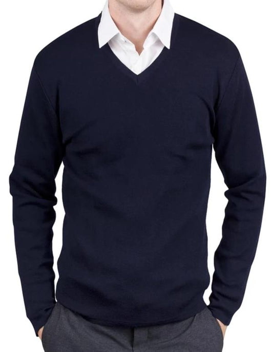 Mens Navy Merino V Neck Pullover